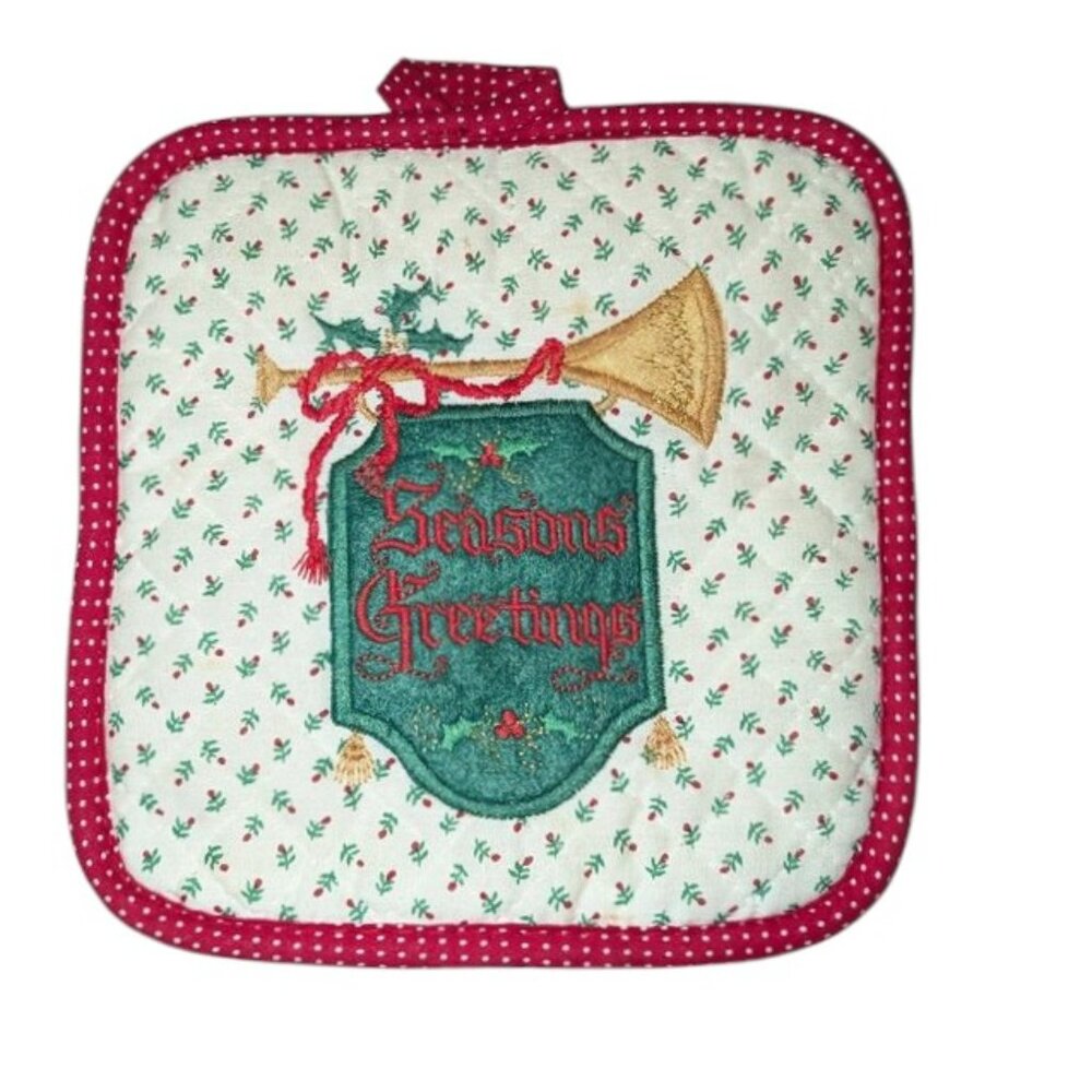 Vintage Square Seasons Greetings Kitchen Works Christmas Embroidered Pot Holder